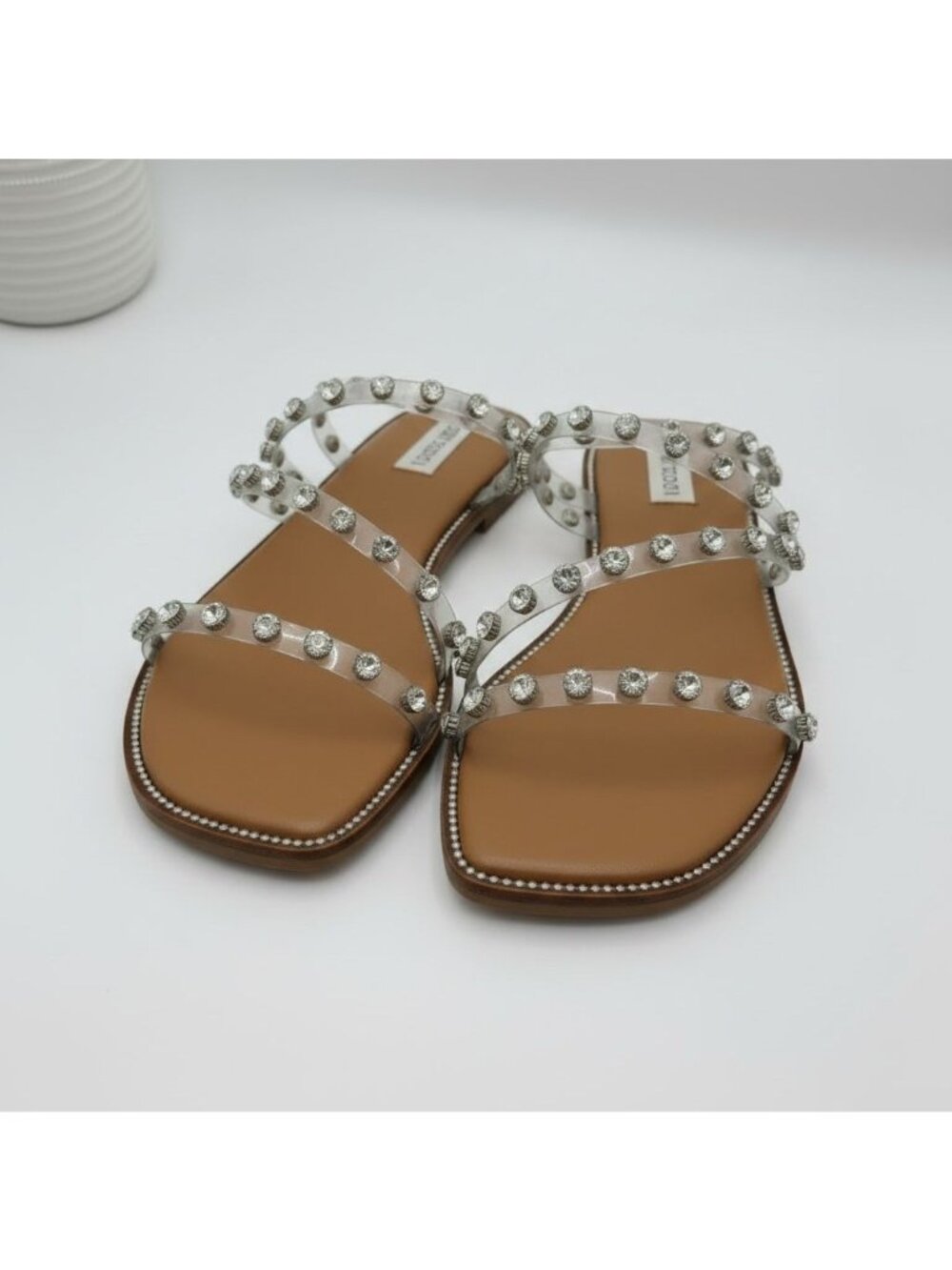 Steve Madden Womens Size 10 Clear Rhinestone Flat Sandals Square Toe Resort Wear